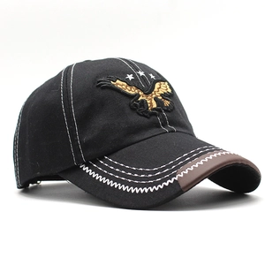 Close-up of eagle embroidery on black cotton baseball cap with white contrast stitching