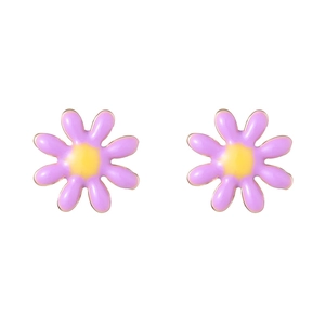 Colorful floral enamel stud earrings with purple petals and yellow center on white background