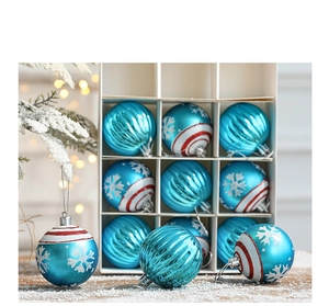 Detail of 6cm blue Christmas balls with snowflake patterns and red stripes in a 9-piece box