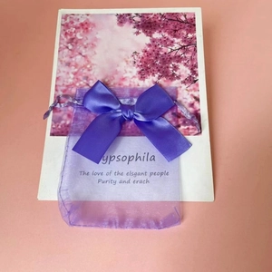 Close-up of a purple organza gift bag with a silk ribbon bow and cherry blossom card