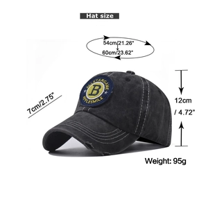Size chart for washed cotton baseball cap with embroidered B patch and vintage style