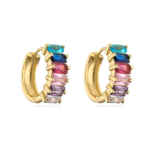 Detail of 18K gold plated hoop earrings with colorful baguette-cut rainbow zircon stones
