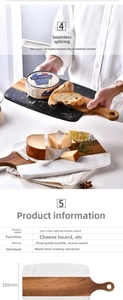 Detail showing 185mm marble and acacia wood cheese board with integrated handle hole