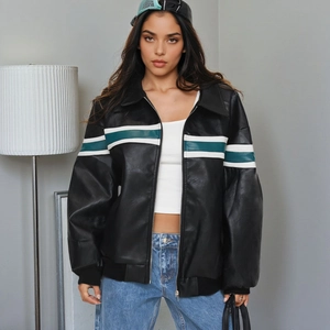 Women Faux Leather Jacket American Street Style Striped Retro Racing Coat Oversized PU Biker Outerwear Zip Up Lapel