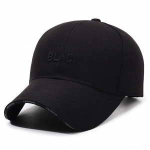 Classic black cotton baseball cap with BLACK embroidery and FASHION curved brim detail