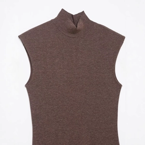 Brown high neck sleeveless knitted top for women shown in a clear flat lay display