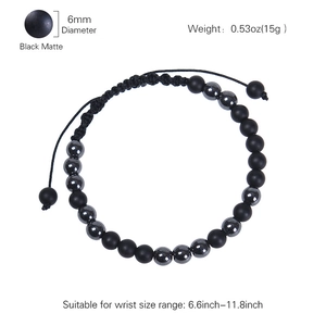 Adjustable Morse Code bracelet with 6mm black matte stone and hematite beads for gift