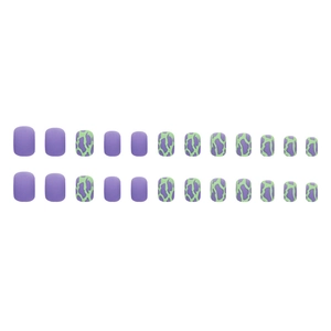 Short square green and purple matte press-on nails set with cow print art patterns