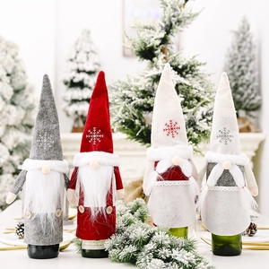 Christmas Wine Bottle Cover Gnome Faceless Old Man Decoration Snowflake Embroidery Faux Fur Beard Nordic Tomte Party Decor