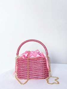 Luxury Women Rhinestone Beaded Evening Bag Hollow Bucket Style Satin Drawstring Pouch Party Handbag With Chain Strap