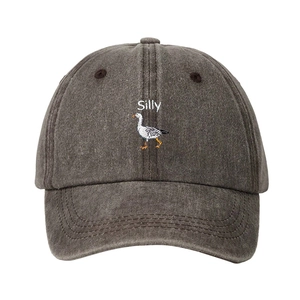 Faded black washed cotton baseball cap with Silly text and white duck embroidery