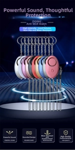 Multiple colors of personal safety alarms with metal keychains on tech background