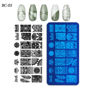 Detail of BC-03 nail stamping plate with lace and feather patterns for nail art design