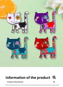 Detailed set of four cartoon cat enamel pins in vibrant colors on a fresh background