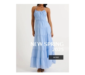 Light blue halter maxi dress with ruched bodice and layered ruffle skirt detail