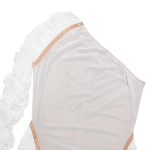 Detail of white mesh one-shoulder top showing pleated texture and semi-transparent fabric