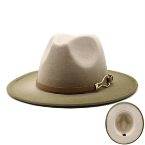Chapeau fedora bicolore beige et vert olive avec bandeau cuir et boucle dorée