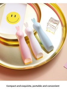 Close-up of mini rabbit-eared utility knives in pastel pink, white and blue colors
