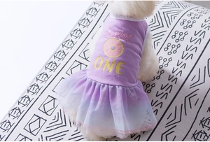 Detail view of purple dog dress featuring Sweet ONE print and gradient mesh tutu skirt