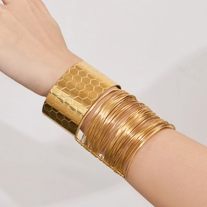 Ensemble de bracelets en acier inoxydable plaqué or 18k avec motif nid d'abeille large