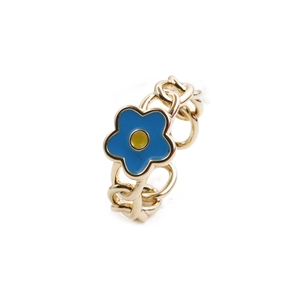 Retro hollow chain gold ring with blue oil-drop flower charm and yellow center for women