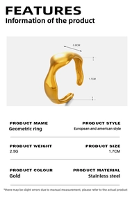 Detailed view of irregular geometric gold stainless steel ring with dimensions and weight
