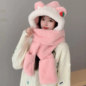 Niedliches rosa Erdbeer-Bär Plüsch 3-in-1 Set mit Hut Schal und Handschuhen für Winter