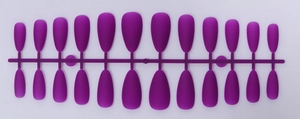 Detail view of 24-piece matte purple almond false nails on a plastic strip rack