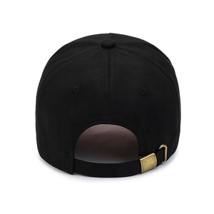 Black cotton twill baseball cap with adjustable antique brass metal buckle from back view