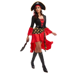 Women's classic pirate costume set with red and black dress and skull-accented hat