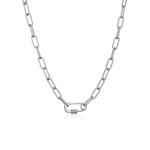 Silver paperclip link necklace with micro-paved crystal safety pin clasp on white background