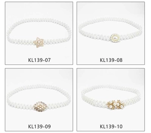 Detail of elegant double-row pearl waist chains with gold decorative buckles in four styles