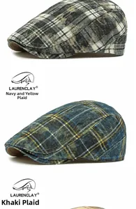 Vertical display of vintage plaid flat caps in navy yellow and khaki color variants