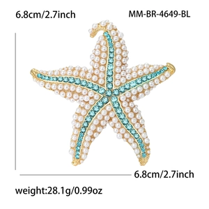 Elegant gold starfish brooch with blue rhinestones and white pearls, 6.8cm diameter size