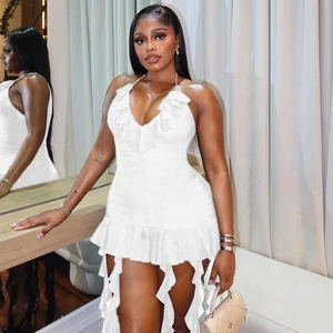 Elegant white halter neck mini dress with ruffled deep V-neck and pleated fabric