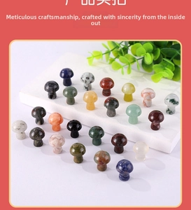 Close-up of polished natural stone mushroom figurines in various colorful gemstones