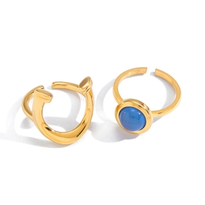 Equestrian style gold open ring set with blue gemstone resin inlay for women
