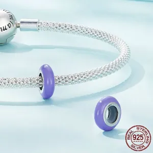 925 sterling silver mesh chain bracelet with purple enamel beads and S925 hallmark