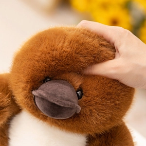 Close-up of soft plush platypus toy being squeezed to show texture and resilience