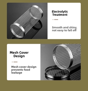 Detail of electrolytic polished stainless steel rolling BBQ basket with detachable lid
