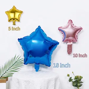 Star-shaped aluminum foil balloons in gold, blue, and pink for party decorations