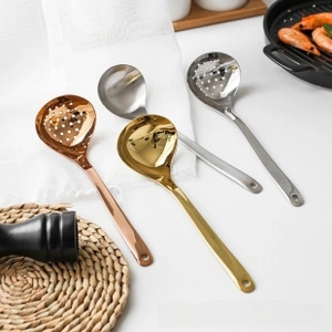 Polished 304 stainless steel solid and slotted spoons set in three metallic finishes