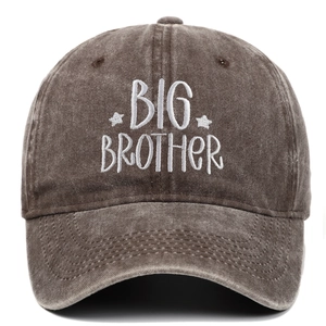 Detailed embroidery of BIG BROTHER text on washed dark brown cotton baseball cap