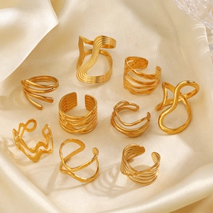 9-piece gold plated stainless steel wave ring set with minimalist geometric designs