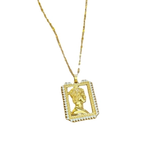Luxurious gold portrait pendant necklace with zircon-encrusted rectangular frame