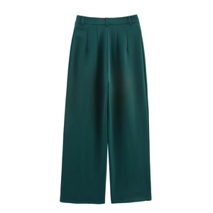 Minimalist dark green high-waisted wide leg suit trousers with front pleat detail