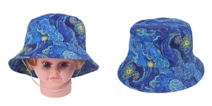 Detail of baby sun hat with Starry Night print and adjustable white chin strap