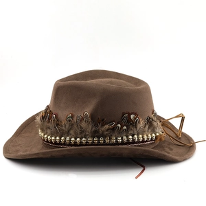 Detail of brown faux suede cowboy hat with feather trim and golden skull metal accents