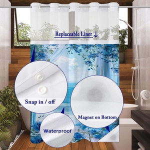 Waterproof shower curtain with snap-in liner, blue rose floral print, and bottom magnets