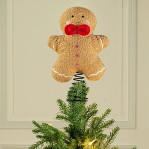 Lebkuchenmann Plüsch-Christbaumspitze mit roter Schleife und Metallfeder-Basis-Detail
